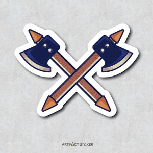 May include: Two crossed axes with wooden handles and blue metal heads. The axes are in a sticker format with a white outline.