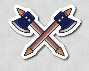 Dual Throwing Axes Sticker - Lumberjack Hand Axe Icons - Hand Drawn Illustration Style Vinyl Adhesive - Laptop Sticker
