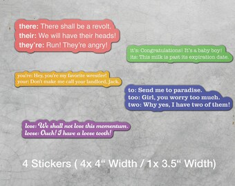 Corrected English Grammar Sticker Pack - Five (5) Individual Colored Adhesives - Grammar Police - English Sentences - Librarian Gift