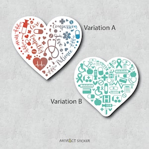 May include: Two heart-shaped stickers with a medical theme. The first sticker is red and features words like "Nurse", "Care", "Empathy", "Compassion", "Love", and "Patience". The second sticker is teal and features a variety of medical symbols, including a stethoscope, a heart rate monitor, a bandage, a pill, and a syringe.