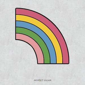 May include: A rainbow sticker with six stripes in pink, yellow, blue, green, pink, and yellow. The sticker is shaped like a half circle.