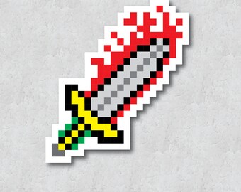 Video Game Sticker - 8-Bit Pixel Blazing Sword - Water-Resistant Vinyl Adhesive - Medieval Hero Weapon Retro Style Icon - Laptop Sticker