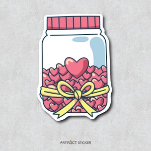 Valentine's Day Sticker - Jar of Hearts - Romantic Card Insert - Hand Drawn Illustration Style Design Adhesive - Water Bottle Sticker