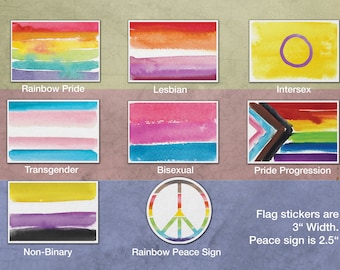 LGBTQ Pride Month Stickers - Watercolor Style Illustration Icons - Water-Resistant Vinyl Adhesives