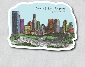 Downtown Los Angeles Skyline Sticker - City of Angels - DTLA Illustration - Water-Resistant Vinyl Adhesive - Water Bottle Sticker