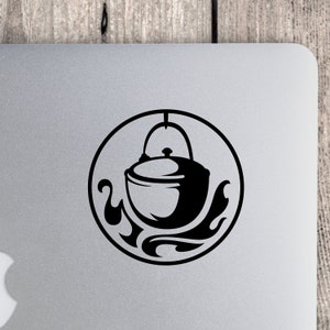 May include: Black and white silhouette of a kettle with a lid and handle, inside a circle with stylized flames around it.