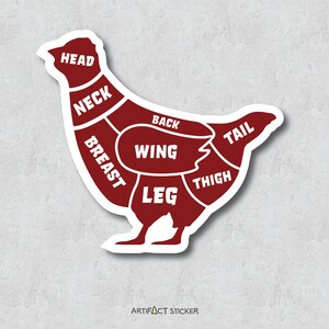 May include: A red chicken silhouette with white outlines showing the different parts of the bird: head, neck, breast, wing, leg, thigh, back, and tail. The text "ARTIFACT STICKER" is at the bottom of the image.