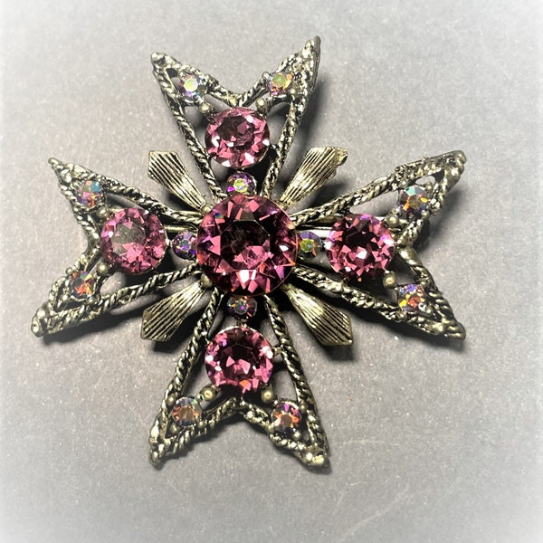 Vintage Maltese Cross Brooch, signature WEISS, purple rhinestones and silver