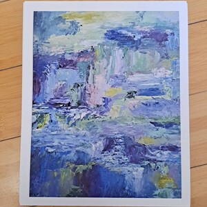 May include: Abstract painting with a blue, purple, and green color scheme. The painting has a textured, brushstroke effect.