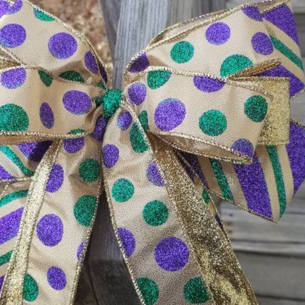 Mardi Gras Bow with Polka dots and stripes for wreath embellishment, door decor, party decor, lantern swag, lamppost decor