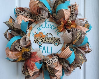 Leopard Fall Wreath for Door Decor, Old Farm Pumpkin Truck, Welcome Fall Door Wreath, Turquoise Pumpkin wreath for home decor, Autumn Leaves