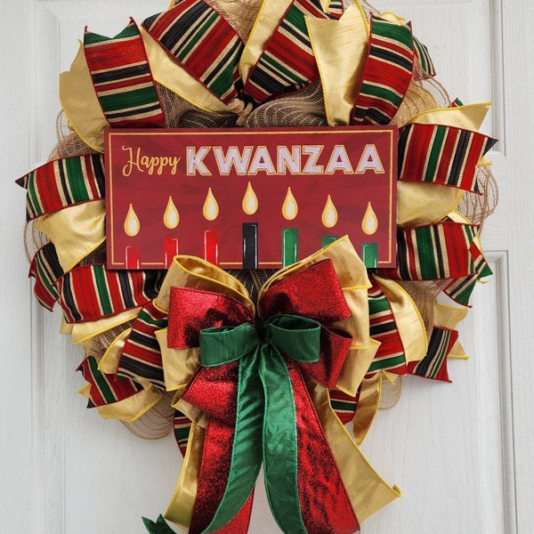 Happy Kwanzaa Wreath, Afrocentric Home Holiday Decor, Pan African Flag Wreath, Kinara Welcome Door Wreath for Storm Door Wreath for Winter