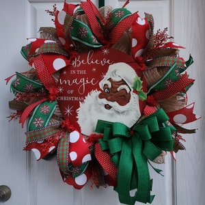 Black Santa Christmas Wreath for Front Door Decor, Winter Wreath for home, African American Santa Traditional Christmas Brown Skin Santa