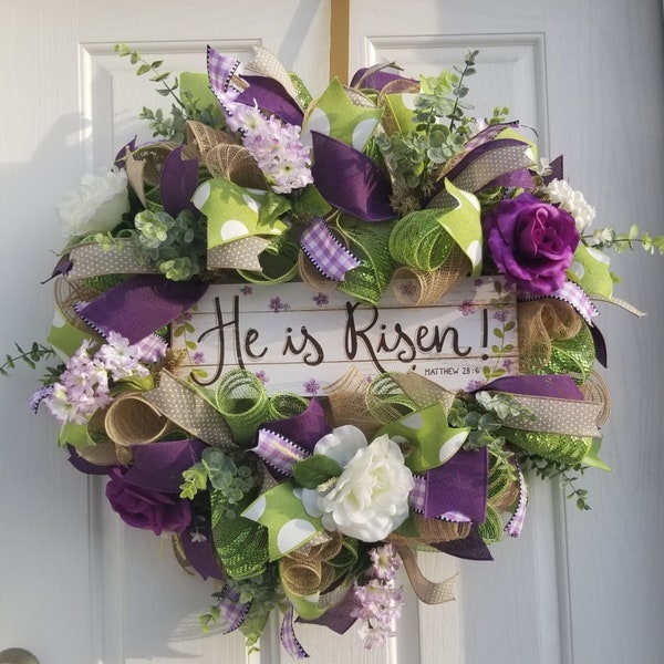Spring Religious Easter Wreath for Front Door Rose Florals He is Risen wreath Resurrection Day Home Décor Greenery Church Wreath Holy Week