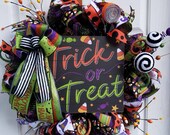 Trick or Treat Halloween Candy Themed Wreath for Fall home Door Decor with Candy Corn and Lollipop