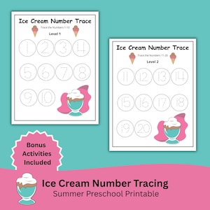 Op de afbeelding: Twee afdrukbare werkbladen voor het overtrekken van getallen, getiteld "Ice Cream Number Trace". Niveau 1 toont de getallen 1-10, en niveau 2 heeft 11-20. Elke pagina bevat illustraties van ijsjes en ijscoupes. De tekst onderaan luidt "Ice Cream Number Tracing Summer Preschool Printable."