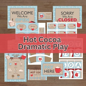 May include: A set of printable signs and cards for a Hot Cocoa Dramatic Play set. Includes "Welcome, We Are Open" and "Sorry, We Are Closed" signs, a menu, and a loyalty card, all with a winter theme.