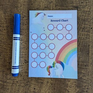 May include: A printable reward chart featuring a unicorn and a rainbow. The chart has a space for a name and 10 circles connected by lines.