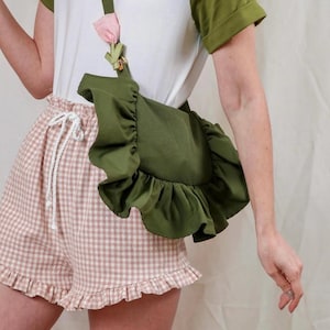 Ruffled small shoulder bag, handbag sewing pattern, printable PDF A4 + US LETTER pattern and video, photos tutorial