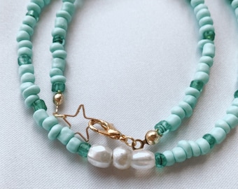 Ocean Mist Beaded Choker - Light Teal Seed Beaded Necklace With Hints Of Dark Teal + Pearls - Gold Plated - Beach Surfer - Women & Children