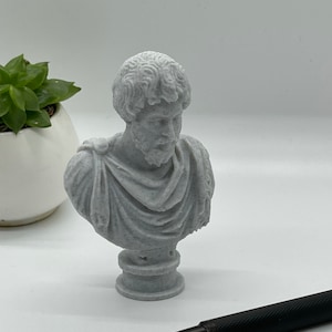 Puede incluir: Un busto de yeso blanco de un hombre con barba y cabello rizado. El busto est&aacute; sobre una base redonda.