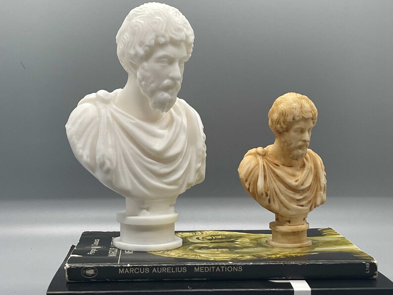 Puede incluir: Dos bustos de esculturas del emperador romano Marco Aurelio. La escultura de la izquierda es blanca y la escultura de la derecha es de color marr&oacute;n claro. Ambas esculturas est&aacute;n encima de un libro titulado "Marcus Aurelius Meditations".