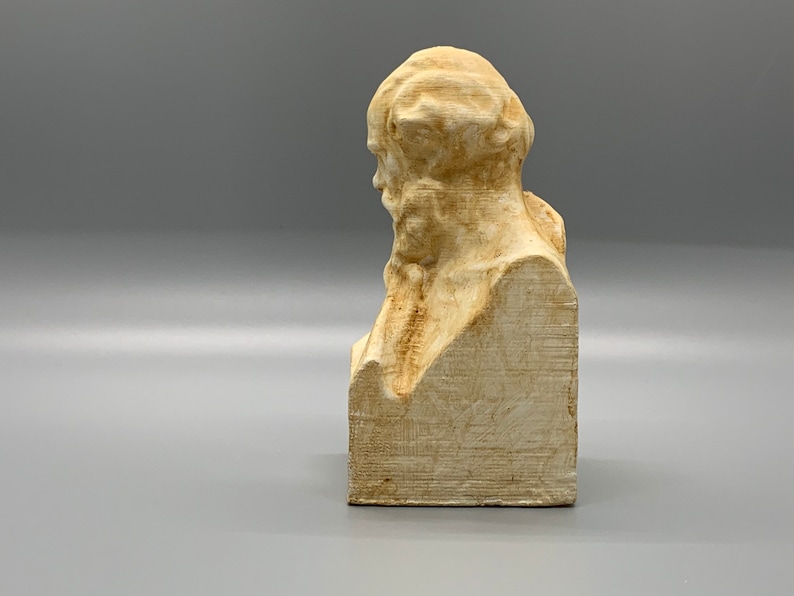 May include: A white plaster bust of a man with a beard and a textured surface. The bust is on a square base.