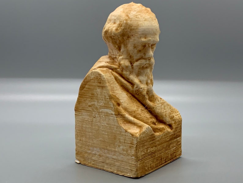 May include: A beige bust sculpture of a man with a long beard. The sculpture is made of a textured material that resembles wood.