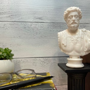 May include: White plaster bust of a man with a beard and short hair, wearing a toga. The bust is on a black pedestal with a white base. The bust is in front of a white wood background.