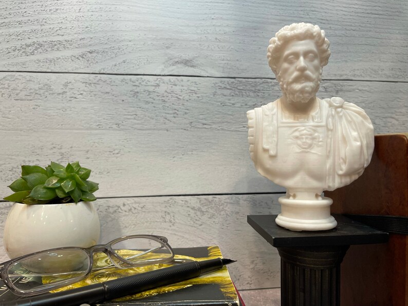 May include: White plaster bust of a man with a beard and short hair, wearing a toga. The bust is on a black pedestal with a white base. The bust is in front of a white wood background.