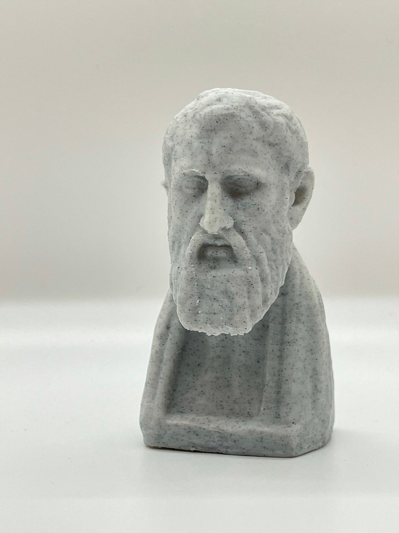 Puede incluir: Un busto de escultura gris de un hombre con barba. La escultura est&aacute; hecha de un material texturizado que se asemeja a la piedra.