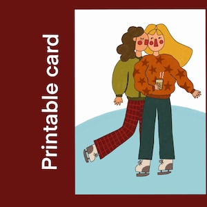 Cartolina di Natale stampabile lesbica. Simpatico pattinaggio su ghiaccio di coppia WLW. Download digitale Queer Sapphic Simple Holiday Card