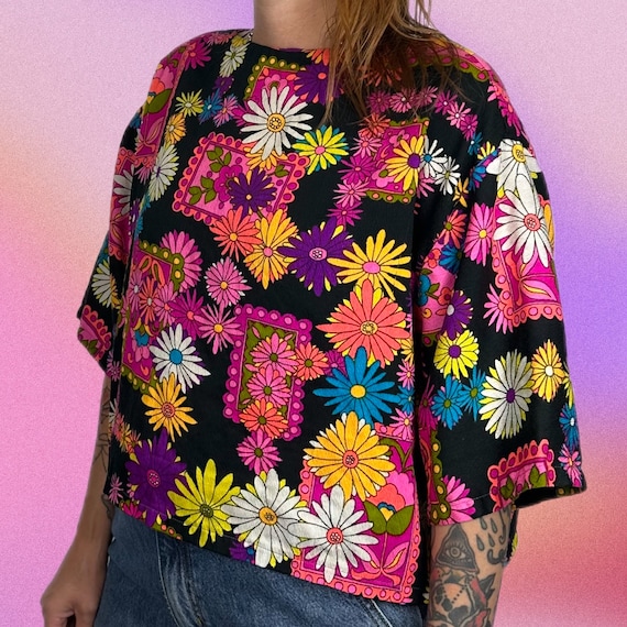 Vintage 70s psychedelic bark cloth crop top - image 1