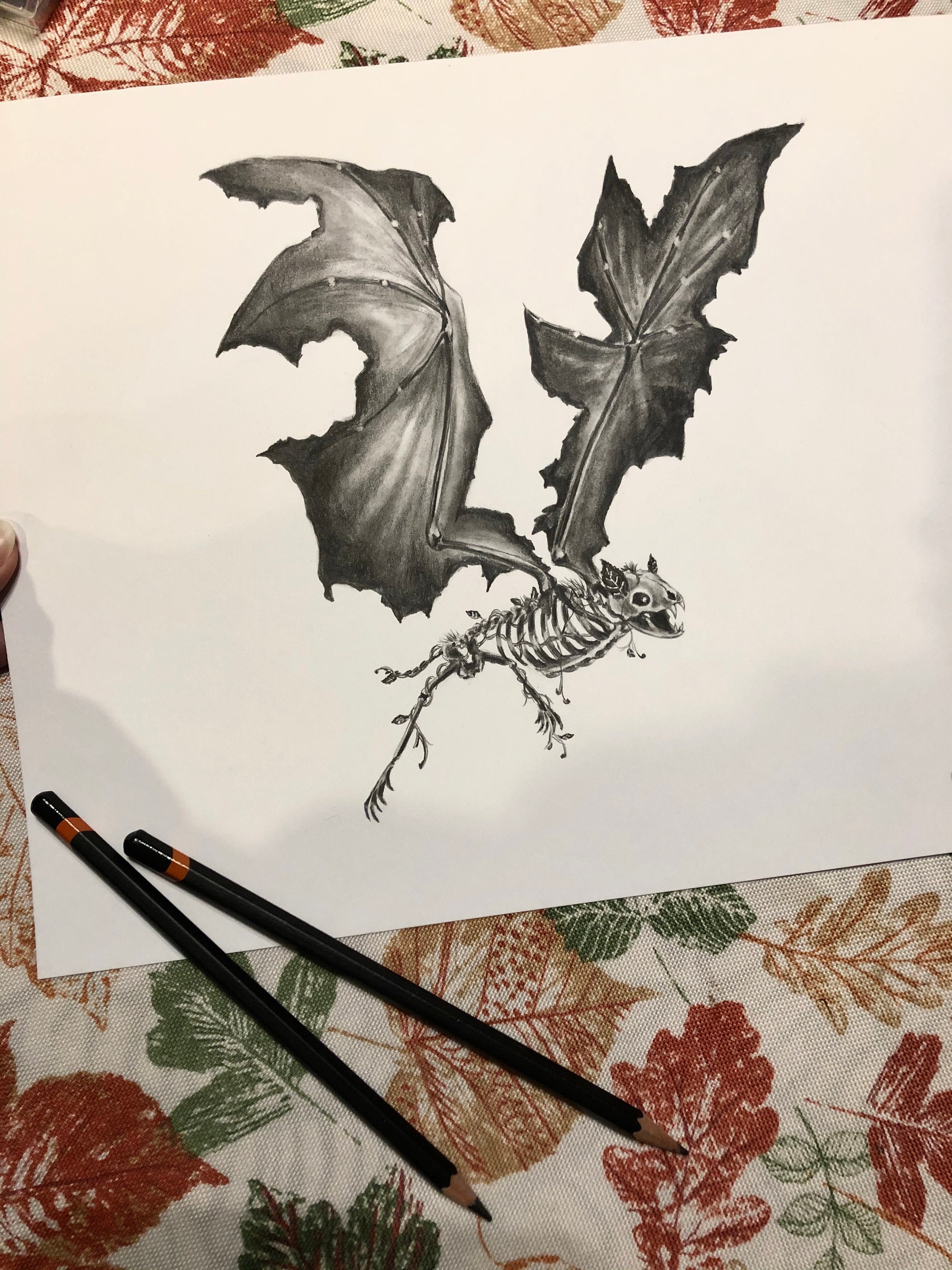 Bat Skeleton Graphite Drawing Print Original Artwork Spooky | Etsy