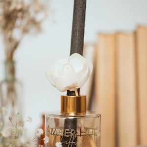 May include: A clear glass diffuser bottle with gold accents and a black reed. The bottle has the words "AMBER HUE" and "Liffusy" in gold lettering. A white flower sits atop the reed, with a background of dried flowers and books.