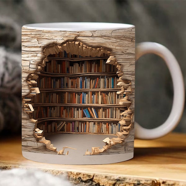 3D Book Mug Wrap, 11oz And 15 Oz Mug Design, 3D Mug Wrap, 11oz Mug Png, 15oz Mug PNG Book Lover Mug Coffee Mug, 3D Bookshelf Mug Sublimation