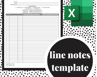 Puede incluir: Una plantilla de notas de línea imprimible en blanco y negro con el texto "plantilla de notas de línea" en un círculo. La plantilla incluye columnas para el número de página, el personaje, la nota y la línea. La plantilla también incluye una clave para las abreviaturas de las notas de línea.