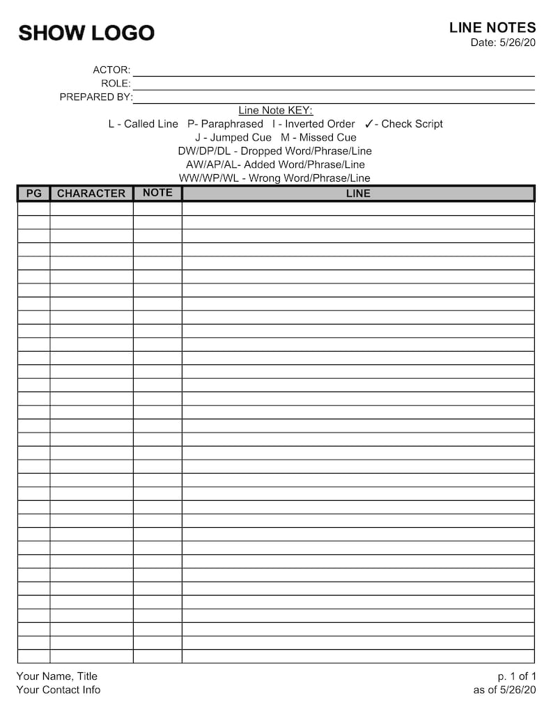 Stage Management Line Notes Excel Template Etsy Stage Management Line Notes Excel Template Etsy
