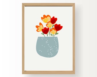 Flowers Artwork Print | Red and Orange Flowers | Kitchen Artwork and Decor | Downloadable Print | Potted Plants and Flowers