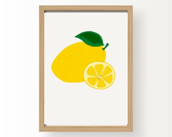 Puede incluir: Una ilustración enmarcada de un limón entero y una rodaja de limón. El limón es amarillo con una hoja verde. La rodaja de limón es amarilla con un centro blanco.