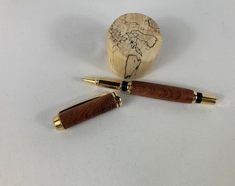 Bolígrafo rollerball de madera de bubinga exótica torneada a mano, Gold Baron