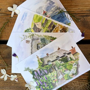 Set of 4 PostCards with English Cottages, Gardening from original watercolors