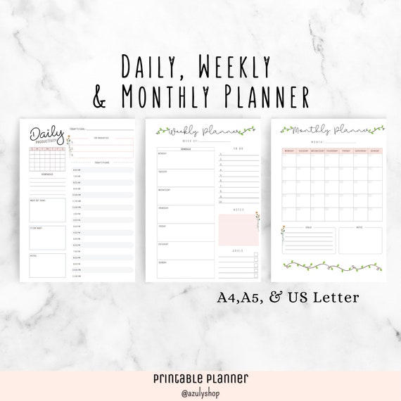 Daily planner. Weekly planner. Monthly planner. Printable