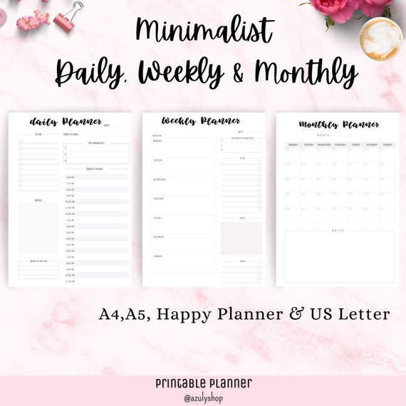Minimalist Daily Weekly Monthly Planner. Classic Happy Big