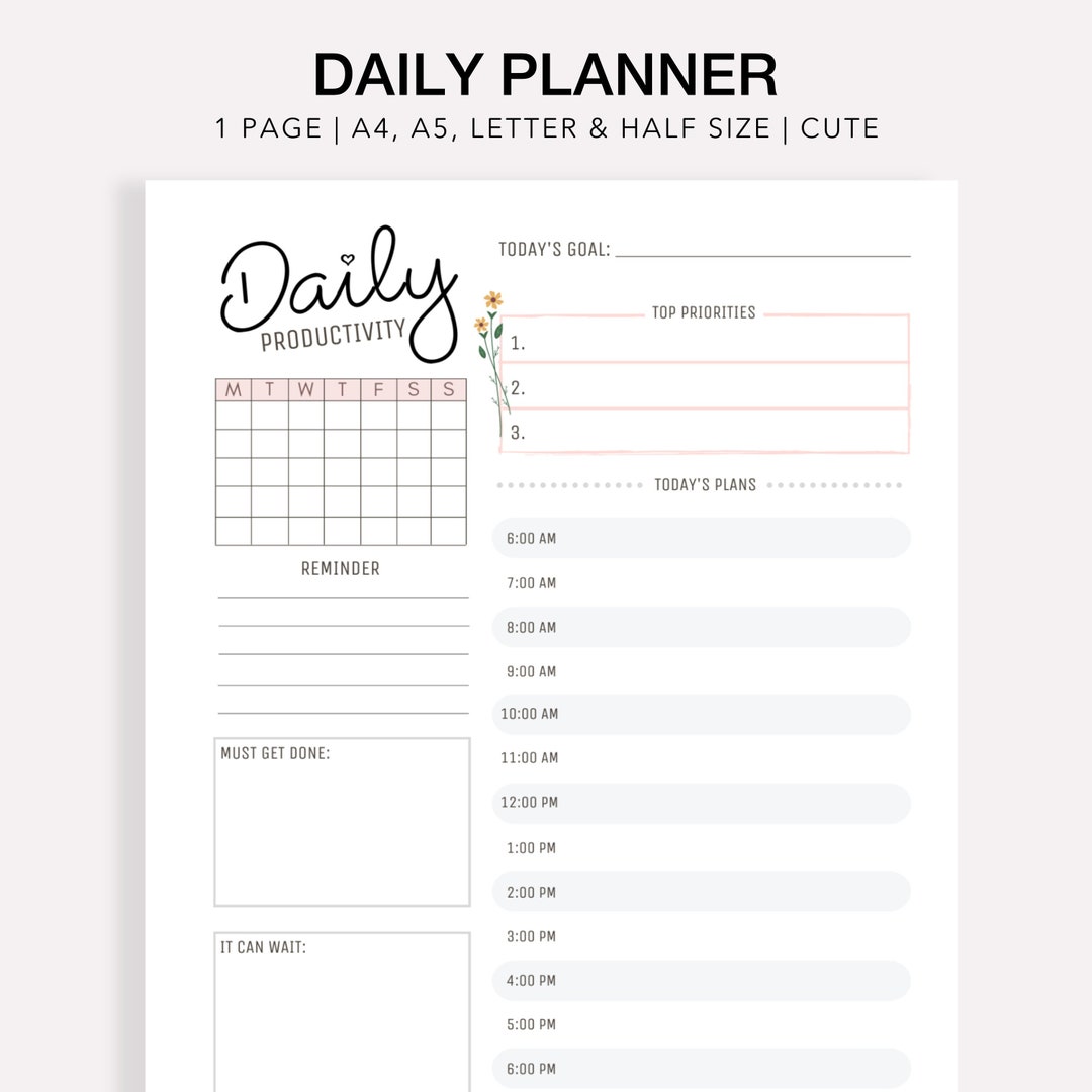 Daily Planner, Printable Planner, Cute Planner, A4, A5, US Letter