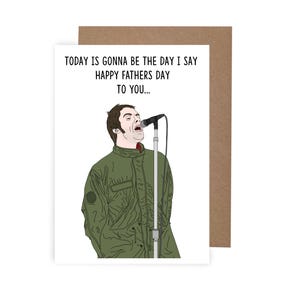 Tarjeta del Día del Padre inspirada en Oasis, Liam Gallagher, divertida tarjeta de indie rock para papá, con temática musical icónica de los 90, tamaño A6.
