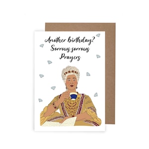 Tarjeta de cumpleaños inspirada en la reina Charlotte, tarjeta divertida, cumpleaños inspirado en Bridgerton, tarjeta A6 del granjero George y la reina Charlotte