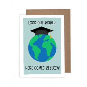 Look Out World, Tarjeta de graduación personalizada, Tarjeta Grad Cap, Tarjeta de graduación de la Tierra