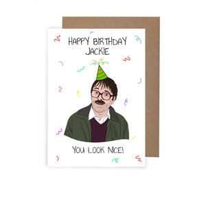 Tarjeta de cumpleaños inspirada en la cena del viernes por la noche, tarjeta de cumpleaños de Jim, tarjeta de "Te ves bien, Jackie", Jim y Wilson, tarjeta de cumpleaños A6