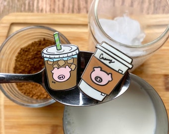 Coffee Duo Pig Pin, Iced Coffe Pig Pin, Hot Coffee Pig Pin, Pig Pin, Coffee Pin